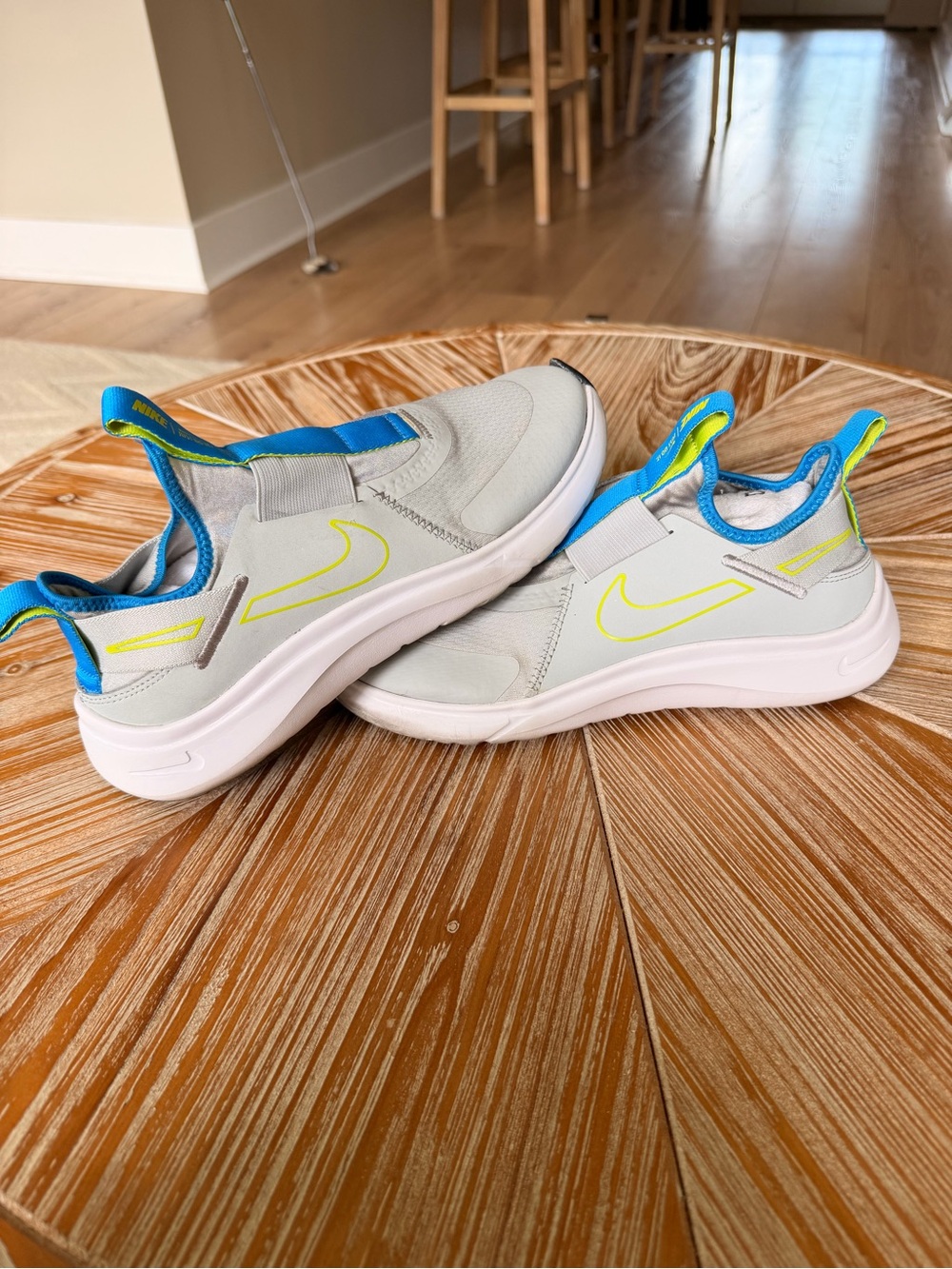 Nike Kids Slip-On Sneakers in Light Gray, Blue & Neon Yellow